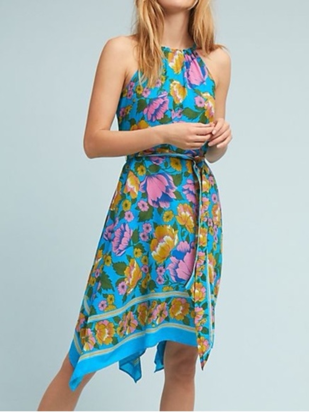 Anthropologie Lilka Floral Halter Boho Cotton Blend Handkerchief Hem Midi Dress